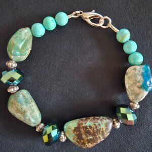 Handcrafted Artisan 7 3/4" Genuine Turquoise, Czech Glass AB Bracelet